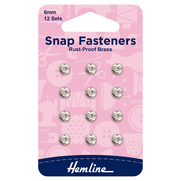 Hemline Snap Fasteners: Sew-on: Nickel: 6mm: Pack of 12
