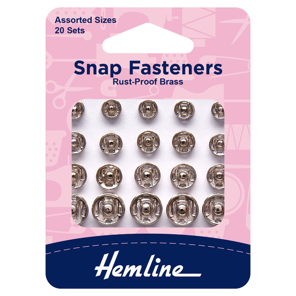 Hemline Snap Fasteners: Sew-on: Nickel: Assorted: Pack of 20