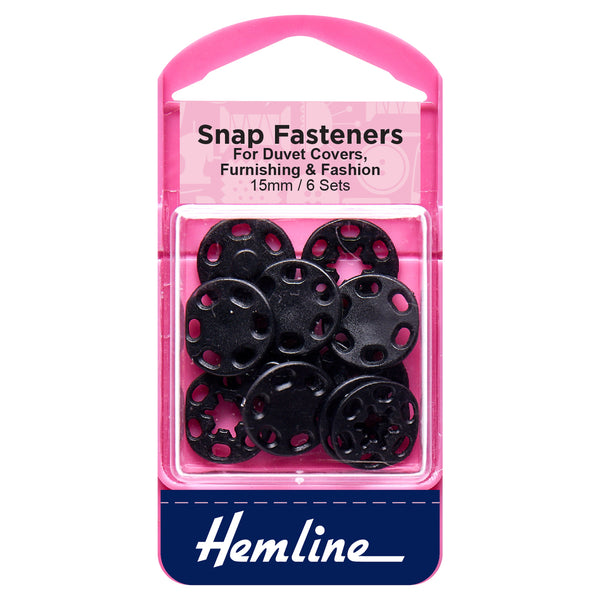 Hemline Snap Fasteners: Sew-on: Black (Plastic): 15mm: Pack of 6