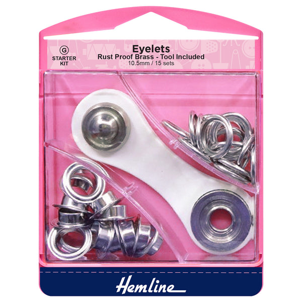 Hemline Eyelets Starter Kit: 10.5mm: Nickel and Silver: (F): 15 Pieces