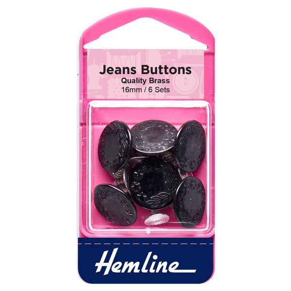 Hemline Buttons: Jeans: Black: 16mm: 6 Sets