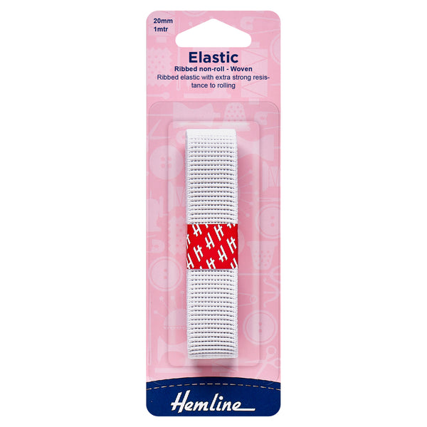Hemline Non-Roll Ribbed Elastic: 1m x 20mm: White