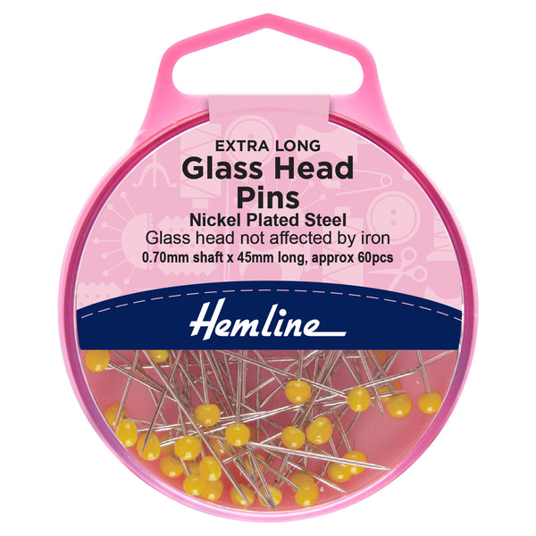 Hemline Pins: Glass Head: 45mm: Nickel: 60 Pieces
