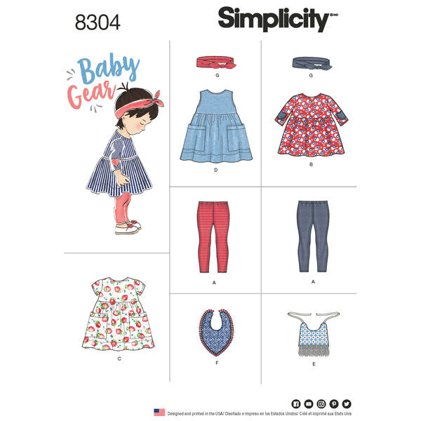 Simplicity Pattern 8304 Babies', Leggings, Top, Dress, Bibs and Headband in three sizes S(17") M(18") L(19")