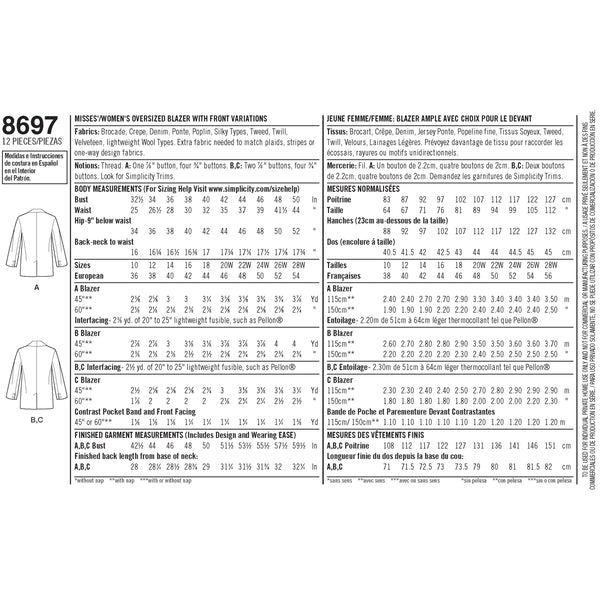 Simplicity Sewing Pattern 8697 WomenÕs / Plus Size Oversized Blazer