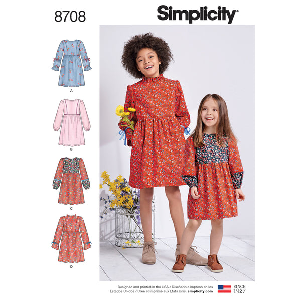 Simplicity Sewing Pattern 8708 Child's and Girls' Dress with Sleeve Variations