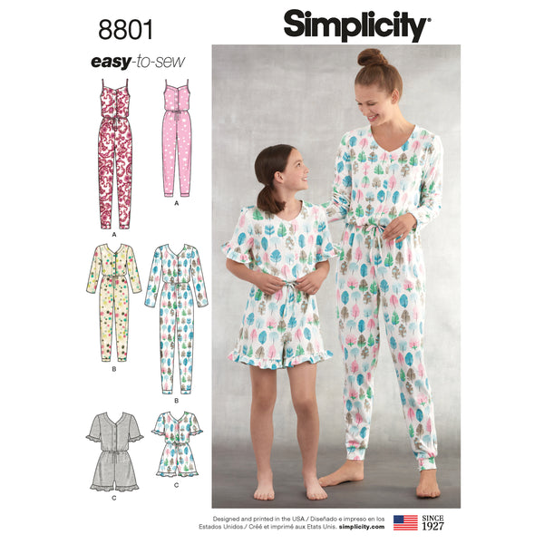 Simplicity Sewing Pattern 8801 Girls and Misses Knit loungewear jumpsuit or playsuit.