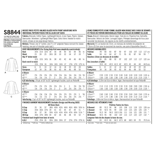 Simplicity Pattern S8844 Misses'/ Miss Petite Unlined Blazer or Jacket