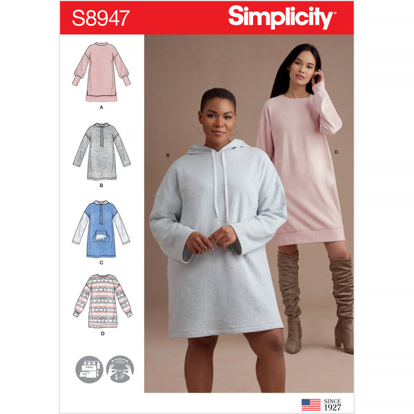Simplicity Sewing Pattern S8947 Misses' Knit Sweatshirt Mini Dresses