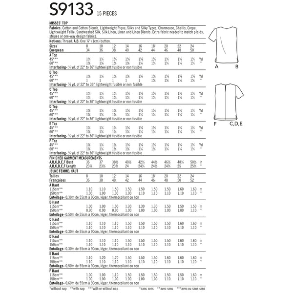 Simplicity Sewing Pattern S9133 Misses' Tops