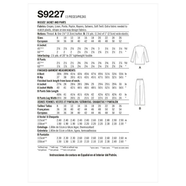 Simplicity Sewing Pattern S9227 Misses' Jacket and Trousers