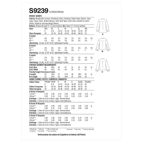 Simplicity Sewing Pattern S9239 Misses' Jackets