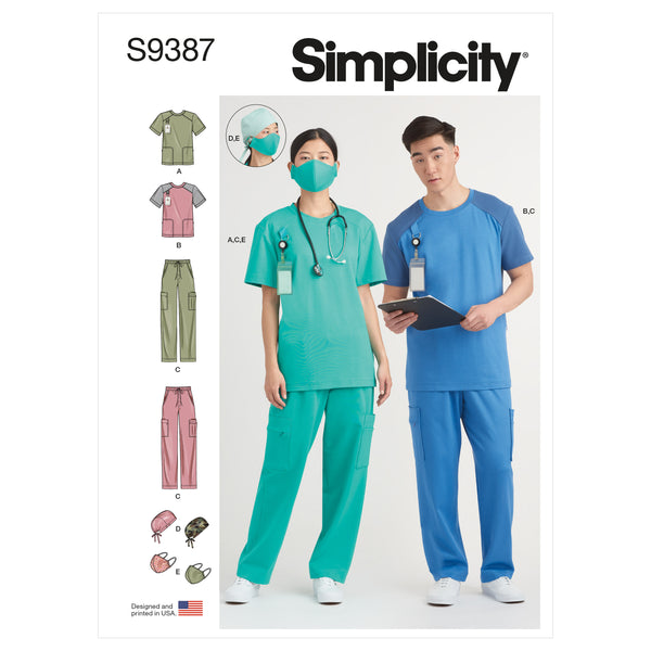 Simplicity Sewing Pattern S9387 Unisex Knit Scrub Tops, Trousers, Cap and Mask