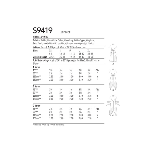 Simplicity Sewing Pattern S9419 Misses' Aprons