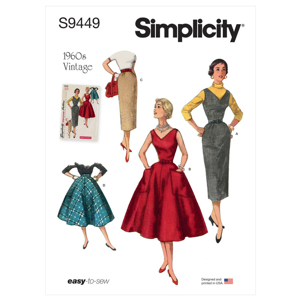 Simplicity Sewing Pattern S9449 Misses' 1960s Vintage Dress, Pinafore Dress and Skirts