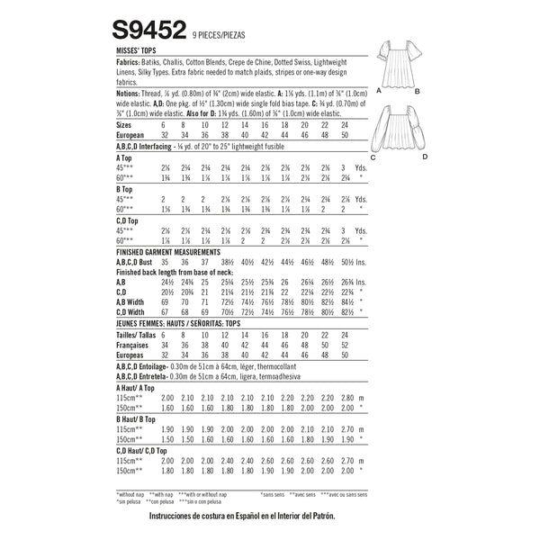 Simplicity Sewing Pattern S9452 Misses' Tops