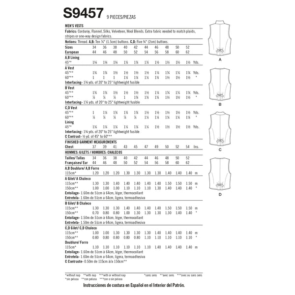 Simplicity Sewing Pattern S9457 Men's Waistcoats