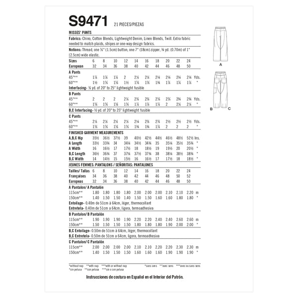 Simplicity Sewing Pattern S9471 Misses' Cropped Trousers
