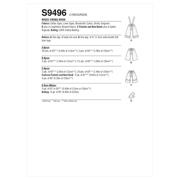 Simplicity Sewing Pattern S9496 MISSES' VINTAGE APRON