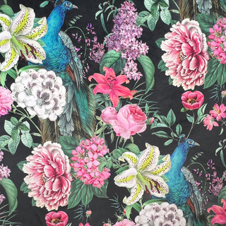Buy peacock-blossom-jet-black Printed Velvet Upholstery Curtain Fabric