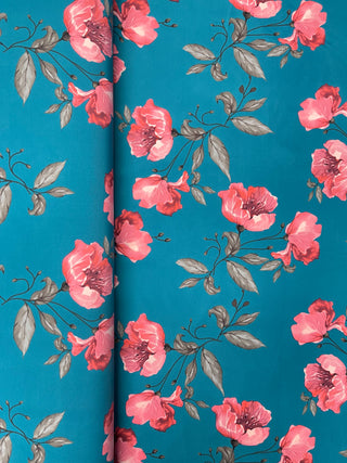 Buy teal-floral Printed Swimwear 4 Way Stretch Fabric